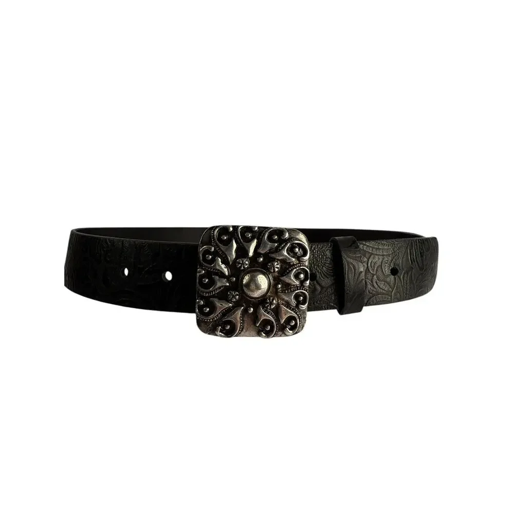 Sandy Duftler Designs Vintage Genuine Leather Black Embossed Silver Art‎ Buckle